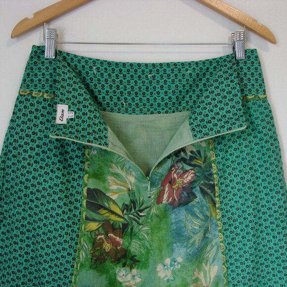 Green Floral Summer Midi Skirt Sequins Beads Cotton Made in France Size Medium - Picture 11 of 13